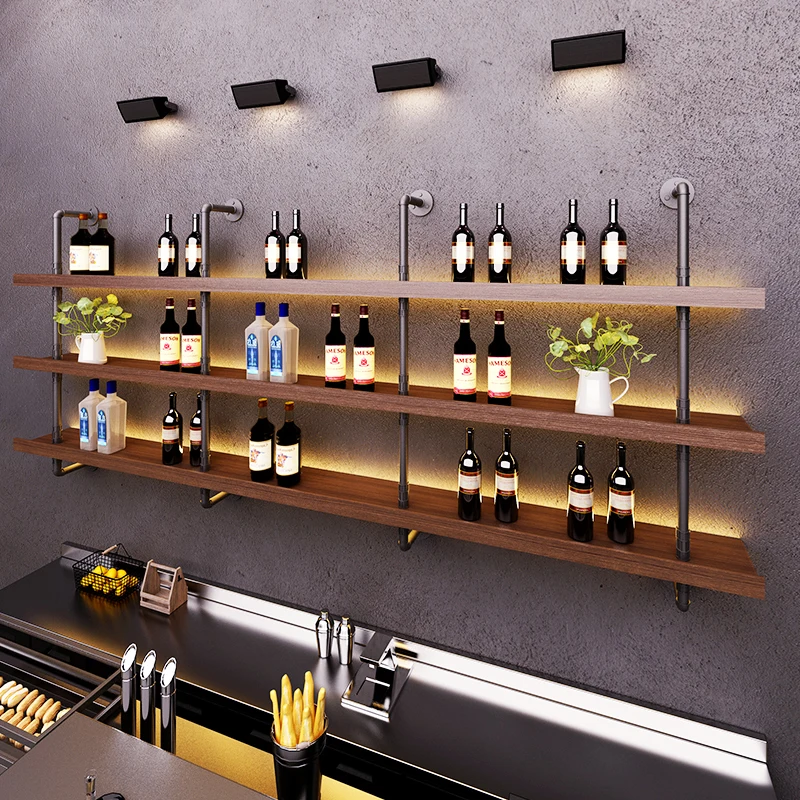 Commercial Industrial Iron Nightclub Wet Bar Bistro Wall Mounted Wooden Wine Rack Display
