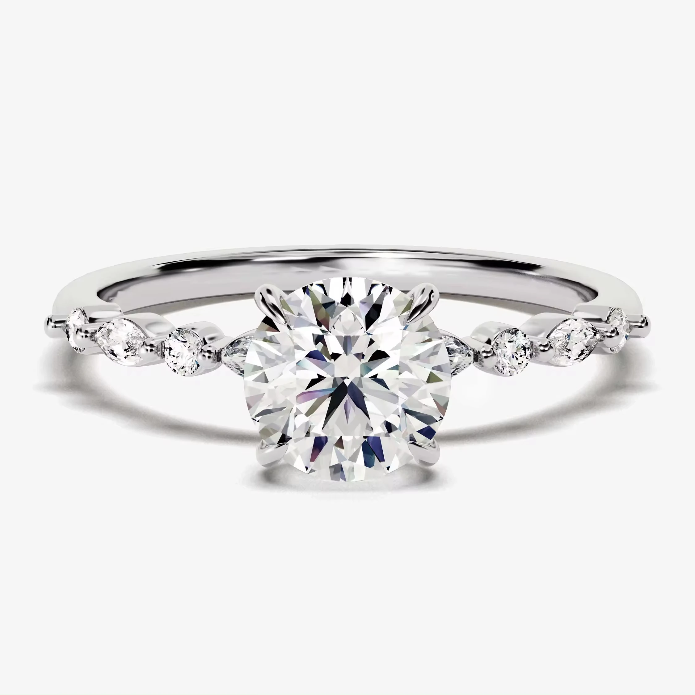 Round and Marquise Sidestones Engagement Ring 14k 18k Solid Gold Lab Diamond Ring Promise Ring