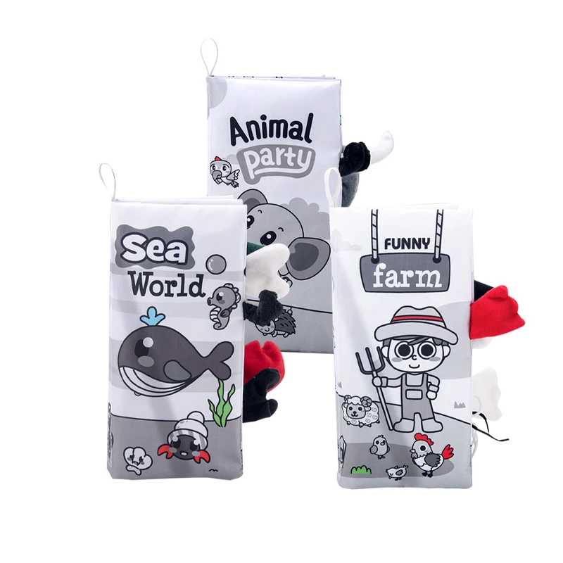 Fabric Cloth Book Washable Infant Bitable Black and White Animal Tail Early Educational Enlightenment Toys Baby Soft Cloth Book