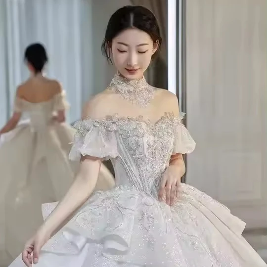 2024 new bride French style trailing off-shoulder starry sky fleeing super fairy princess summer