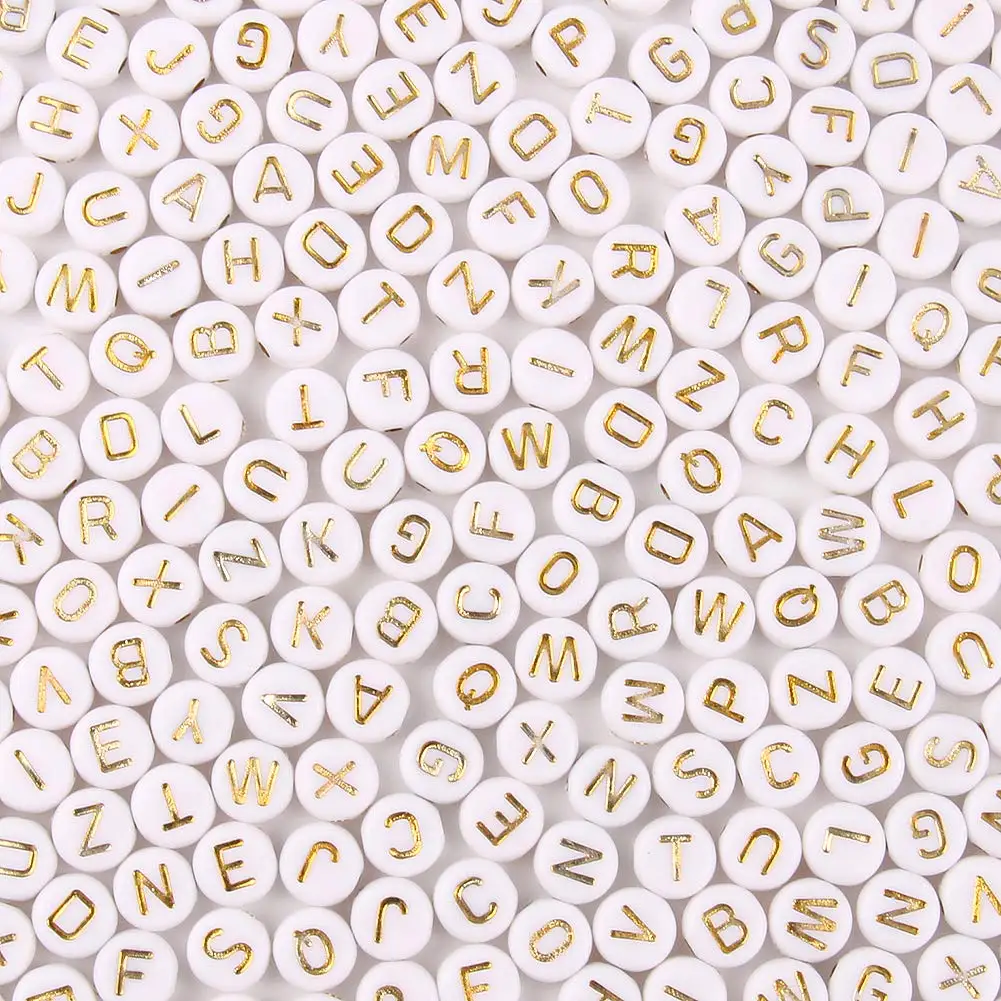 100Pcs/Bag Alphabet Letter Acrylic Beads Round White Gold Acrylic Letter Beads For Jewelry Making