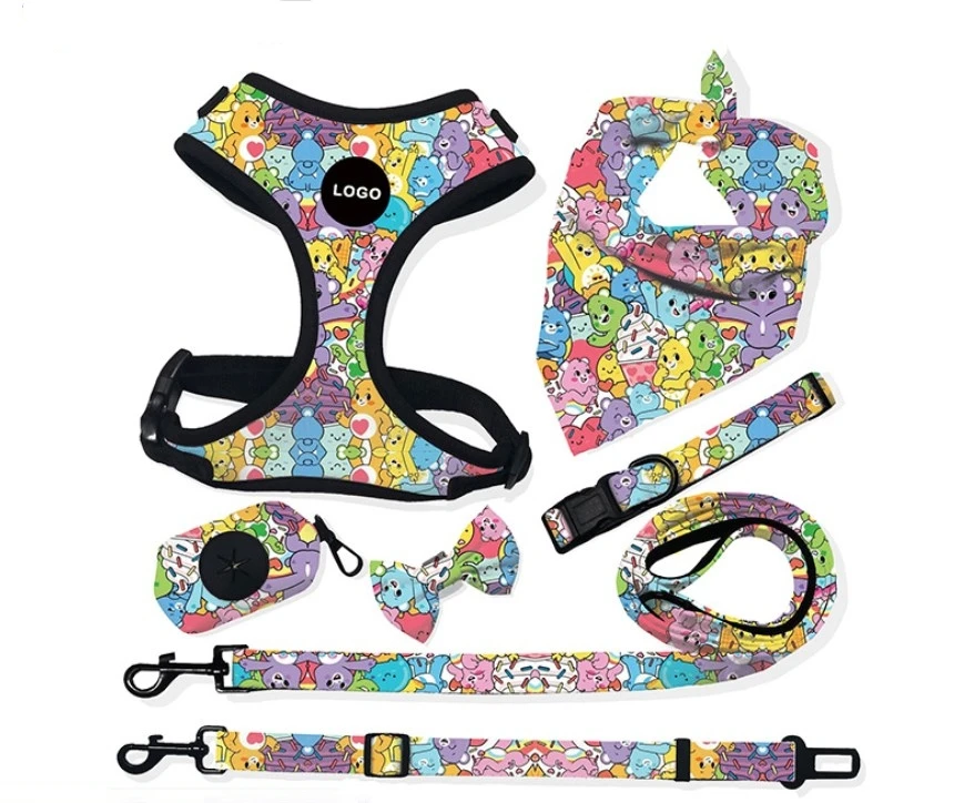 Hot Seller High Quality Custom adjustable collar bow leash harness and bandana sets