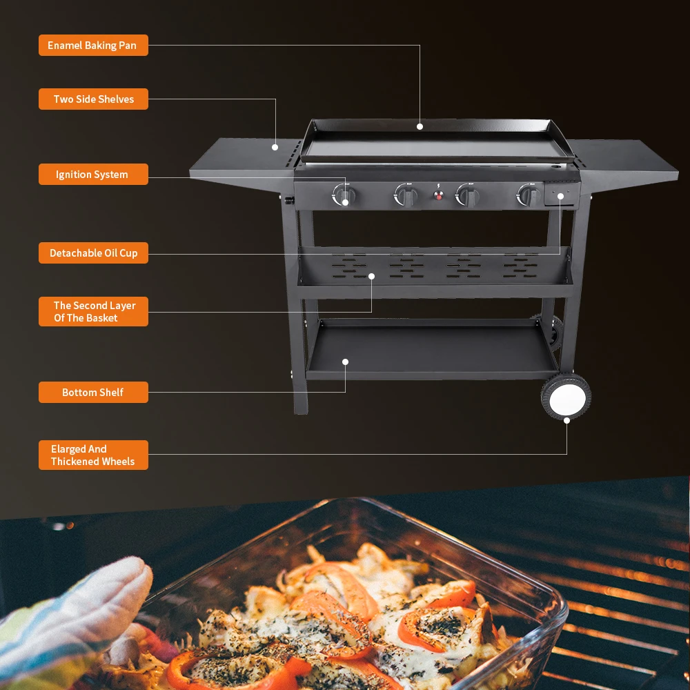 4 Burners Flat Top Gas Grill Stove Flat Top Griddle Professional Outdoor Griddle With Side Table