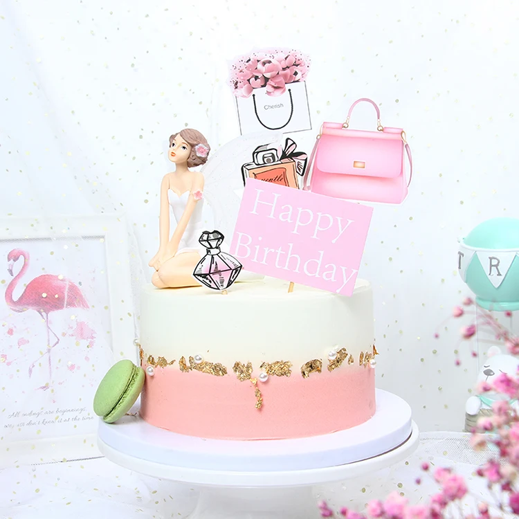 New design happy birthday party  girls  cake topper high-heeled handbag cake topper perfume  cake topper