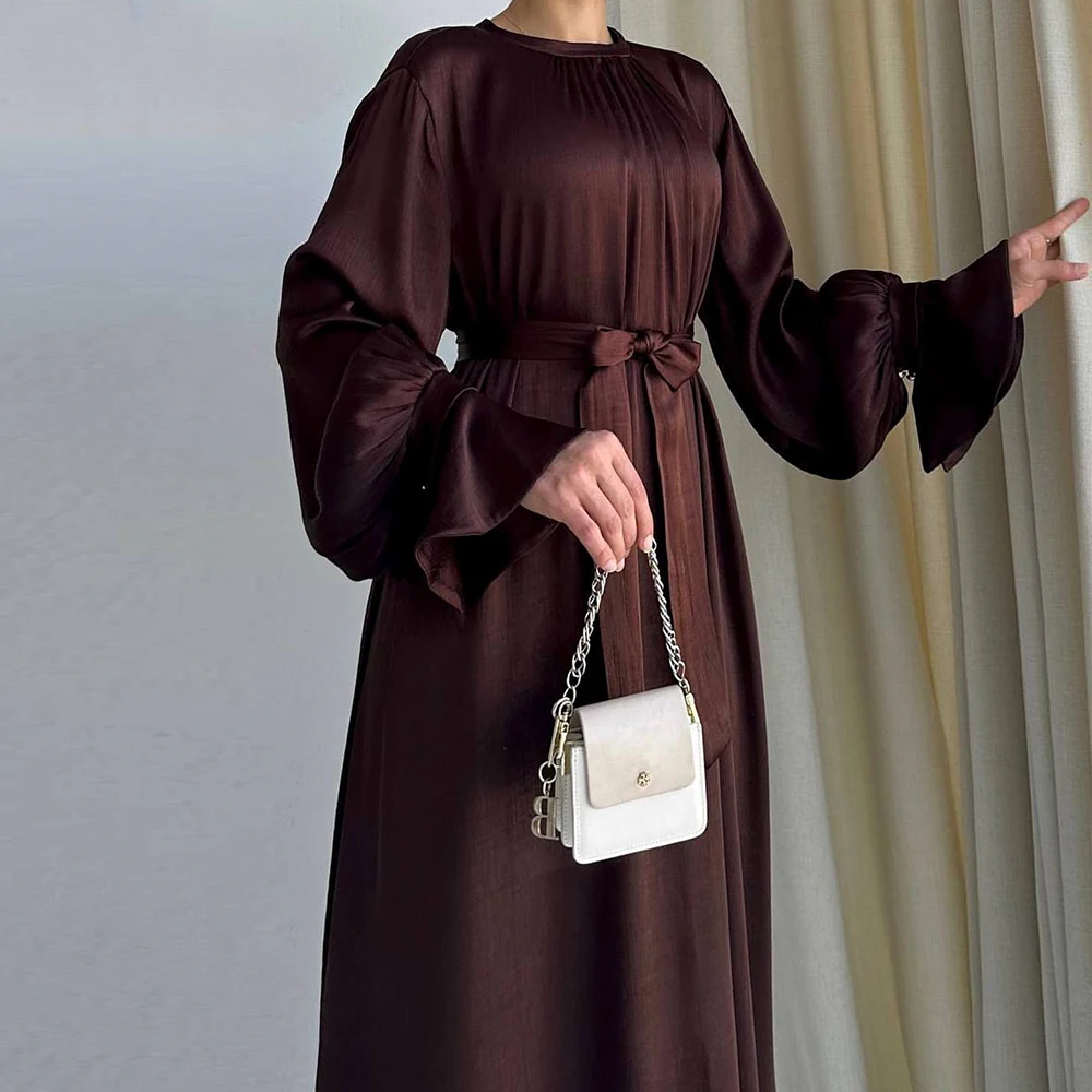 2024 Latest Muslim Long Dress Arab Dubai Modest Solid Color Elegant Satin Abaya Dress Islamic Muslim Dress for women