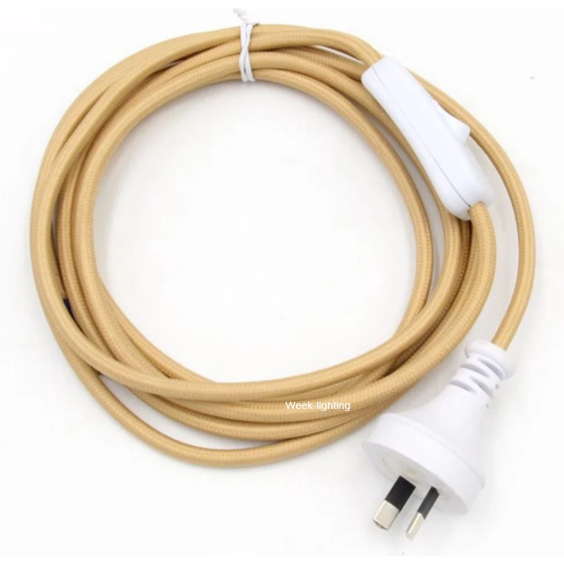 220V AC Vintage Power Cord With EU Plug Line Switch Fabric Covered Twisted Cable 2 Meters Long