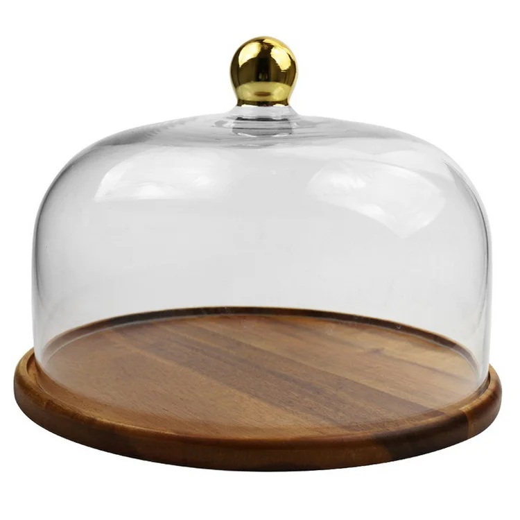 Nordic style customized cake plate round glass dome acacia wood base for restaurant