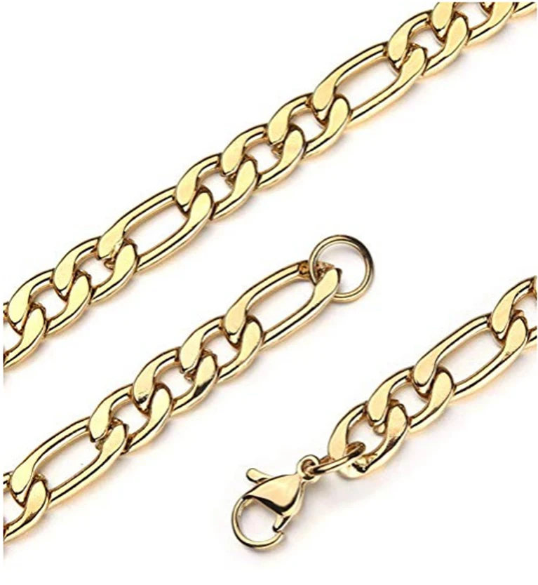 
fashion 60 cm /24 inch hiphop necklace ,4-7.5 mm Figaro stainless steel chain with real 18k gold plating 