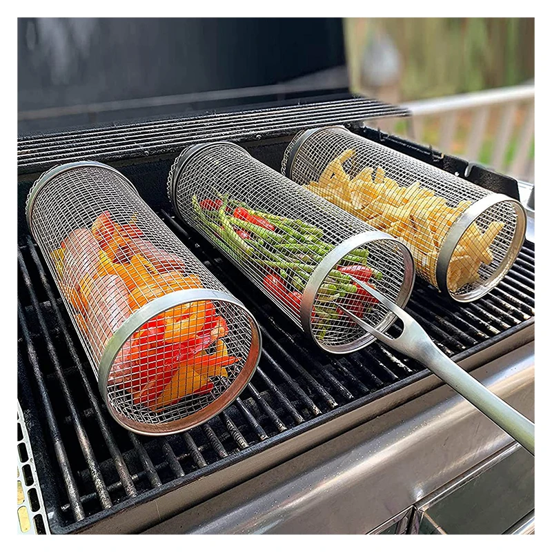 Stainless Steel Outdoor  Basket Round BBQ Mesh Cage BBQ Grill Cage Portable Roller BBQ Grill