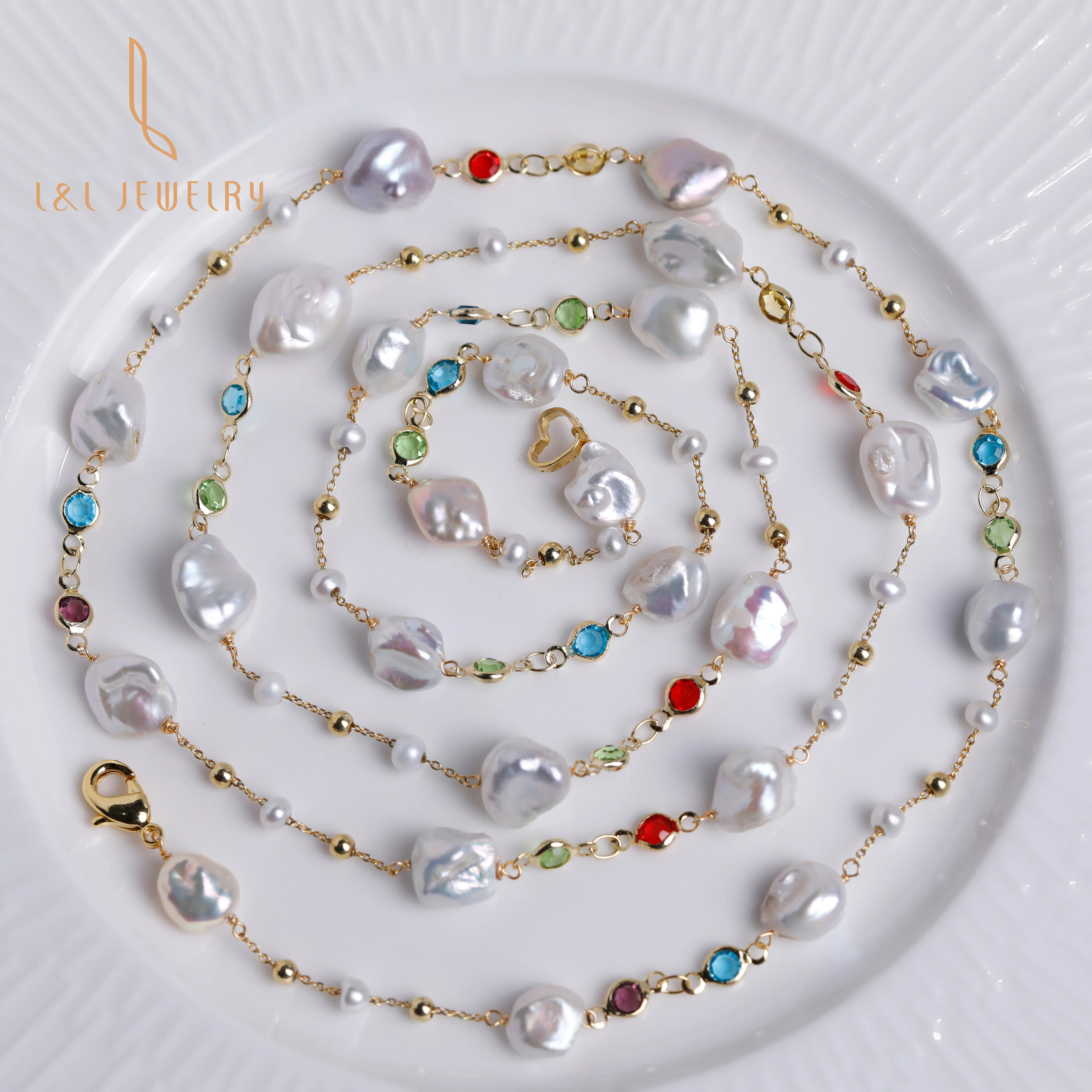 9K gold filled long chain Luxury baroque fresh water pearl beads 9-13MM with Color CZ Cubic Zirconia sweater necklace jewelry