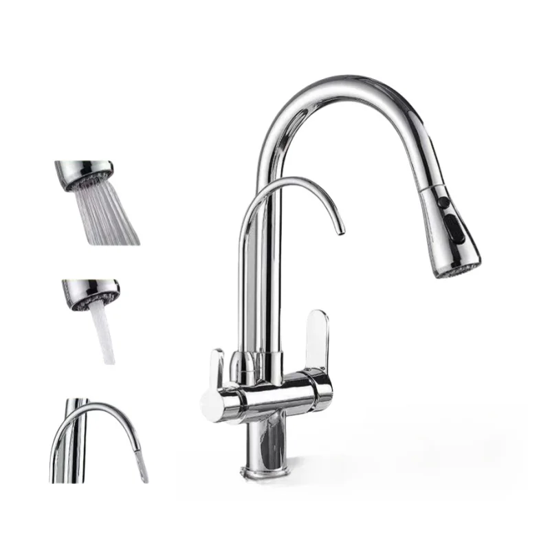 Hot Sale 3 Way Brass Chrome Pull Down Purifier Kitchen Faucet Dual Mode Nozzle Direct Drinking Water Kitchen Sink Mixer Tap