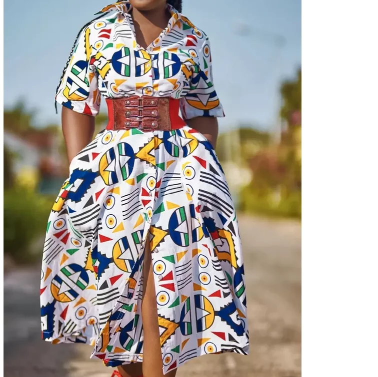 Wholesale Africa Print Women Clothing  Half Sleeve Button Up Shirt Dress Africa Casual Ankara Waxed Casual Front Slit Midi Dress