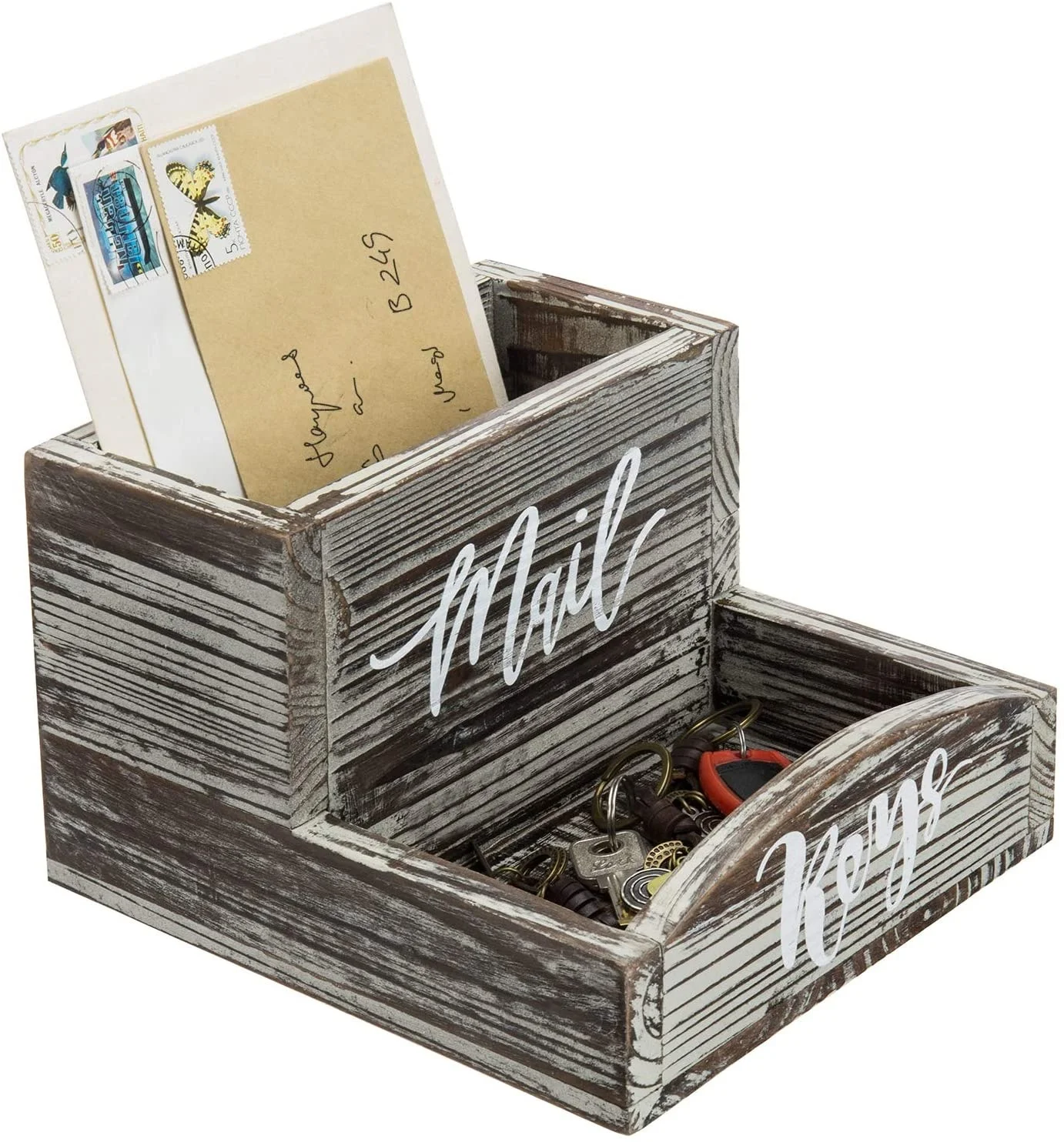 Rustic Torched Wood Tabletop Mail Organizer and Key Holder Storage Tray with Stylish Cursive Font