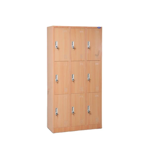 9 Door Steel Wardrobe Lockers Wood Grain Steel Filing  Wooden Color Transfer Printing Technology Cabinet