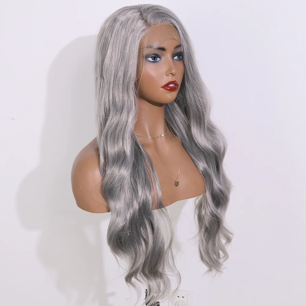  Серый синтетический парик на сетке с длинной волной прозрачный спереди гребнем фронтальный Серебряный мягкий высокое качество