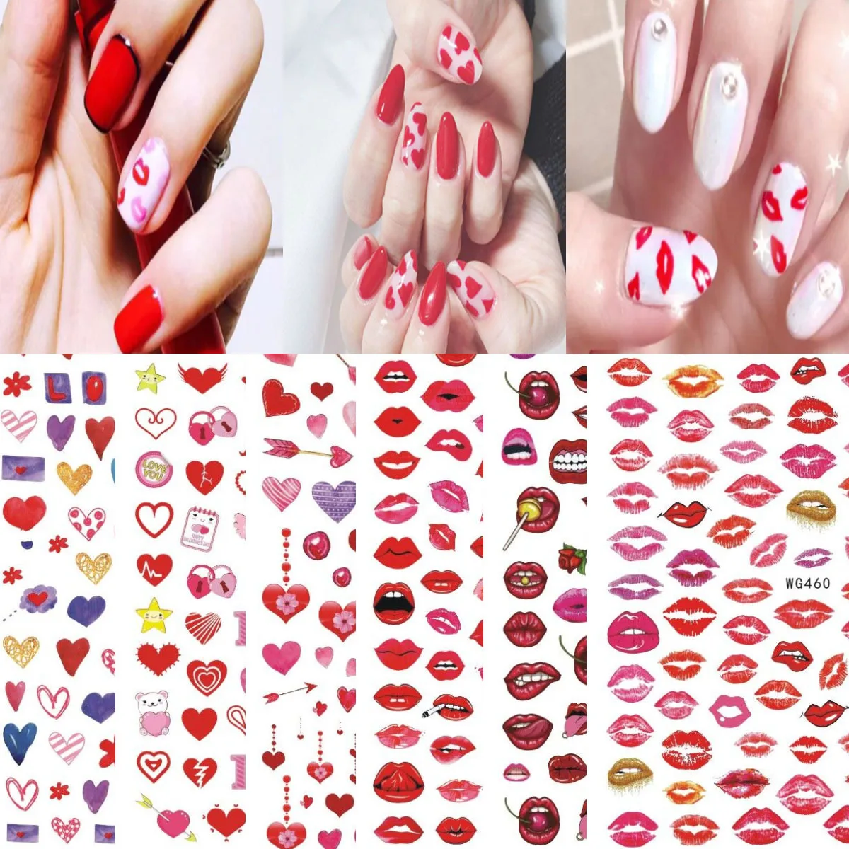 OMG 2022 5d valentine smile Red lips art Beautiful heart finger nail adhesive Polish stickers For Girls Diy