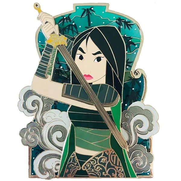 Direct factory pin manufacturer fantasy pin with pearl effect translucent sandblast glitter  Mulan screen print enamel  pins