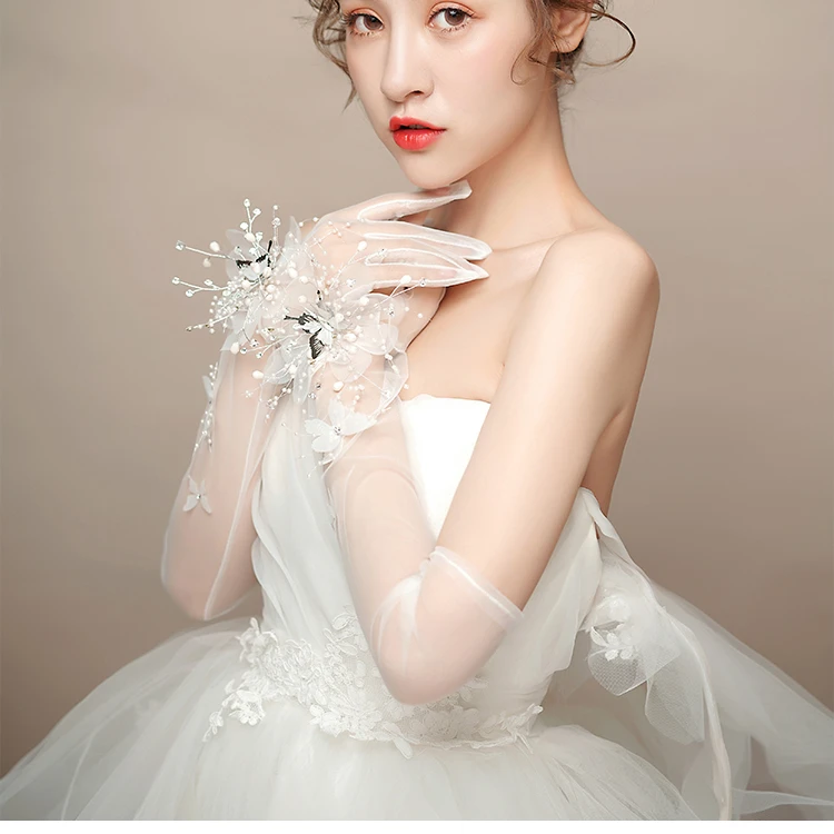 Feishiluo Luxury 3D Diamond Bead Bridal Gloves Wedding Party  Long Flower Bow Lace Gloves
