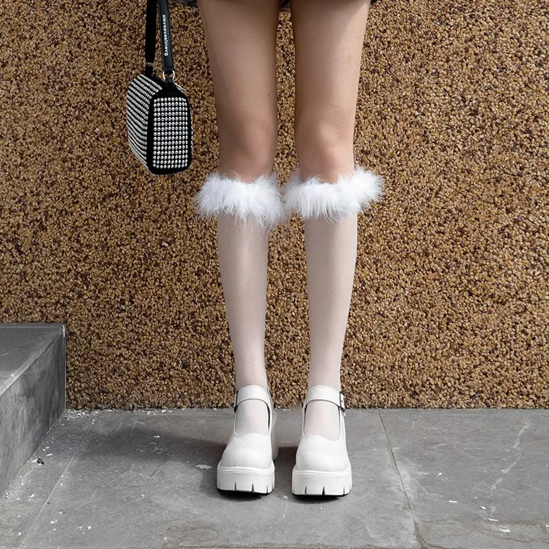 Pink Women Fur Socks Jk Lolita Middle Tube Socks Feather Japanese Cotton Funny Pile Socks Cosplay Parity Accessories
