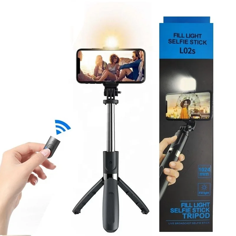 
L02s Portable Wireless Remote 4 in 1 Mobile Phone Monopod Selfie Stick Tripod with LED Light 