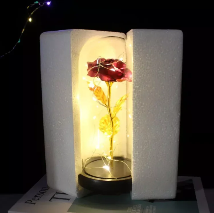eternal artificial large galaxy beauty snd the beast light up foil golden forever rose preserved pink flowers in glass dome