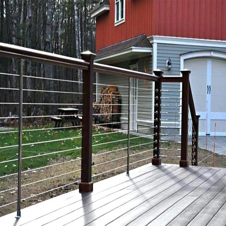Steel cable wire railing  cable railing post with wood handrail