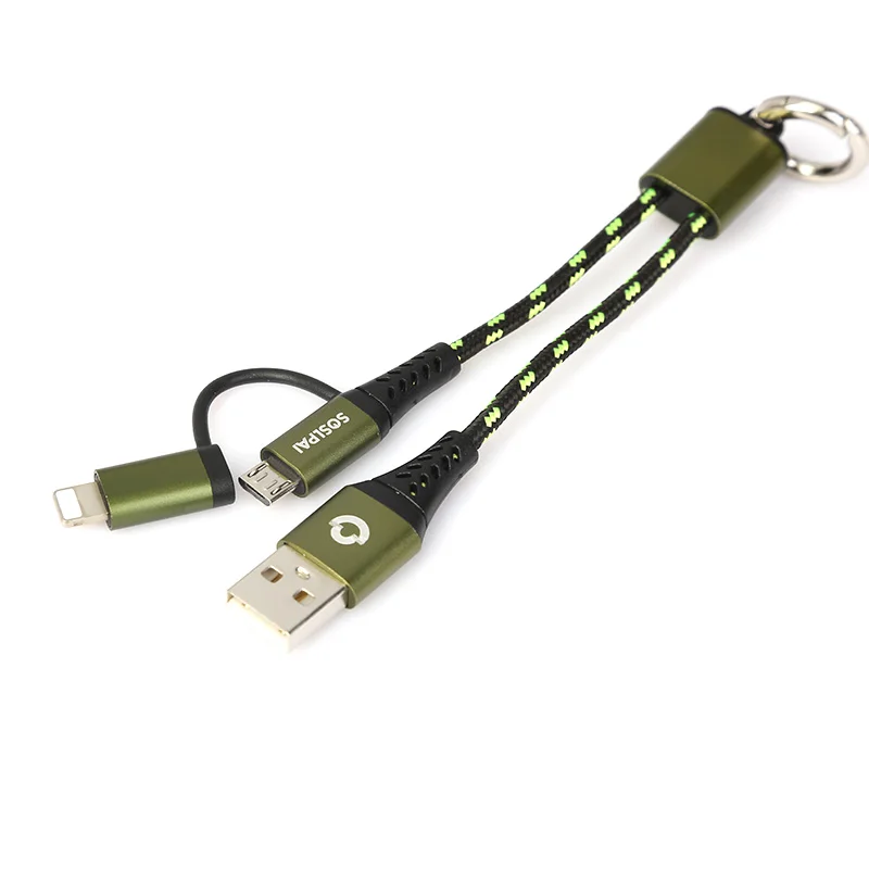 
SOSLPAI wholesale 2 in 1 small usb cable keychina desgin nylon fabric waeve for iphone short usb cable 
