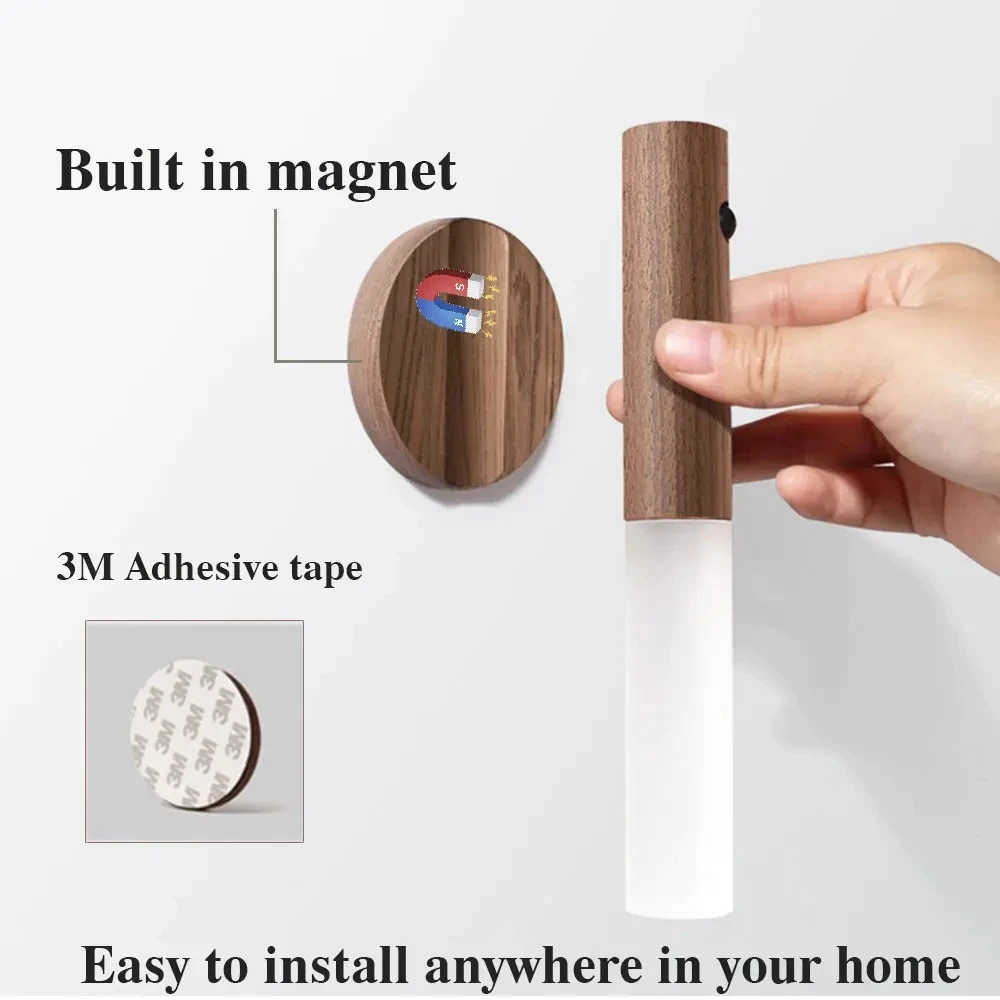 2024 Creative Intelligent Motion Sensor LED Rechargeable Magnetic Night Light Wood Wall Kitchen Cabinet