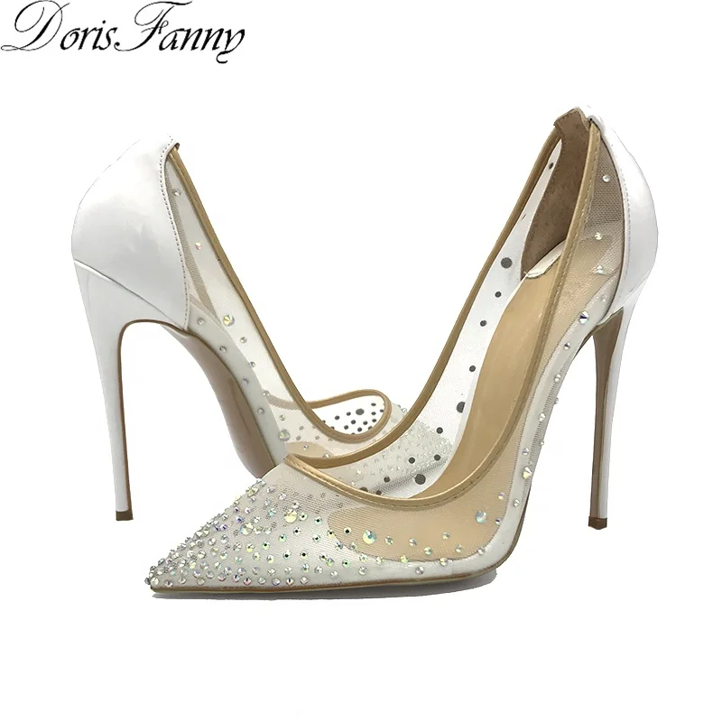 Wholesale High Quality Crystals Sexy White Mesh Lady Stiletto Heels Pump Bridal Party Wedding Shoes For Bride