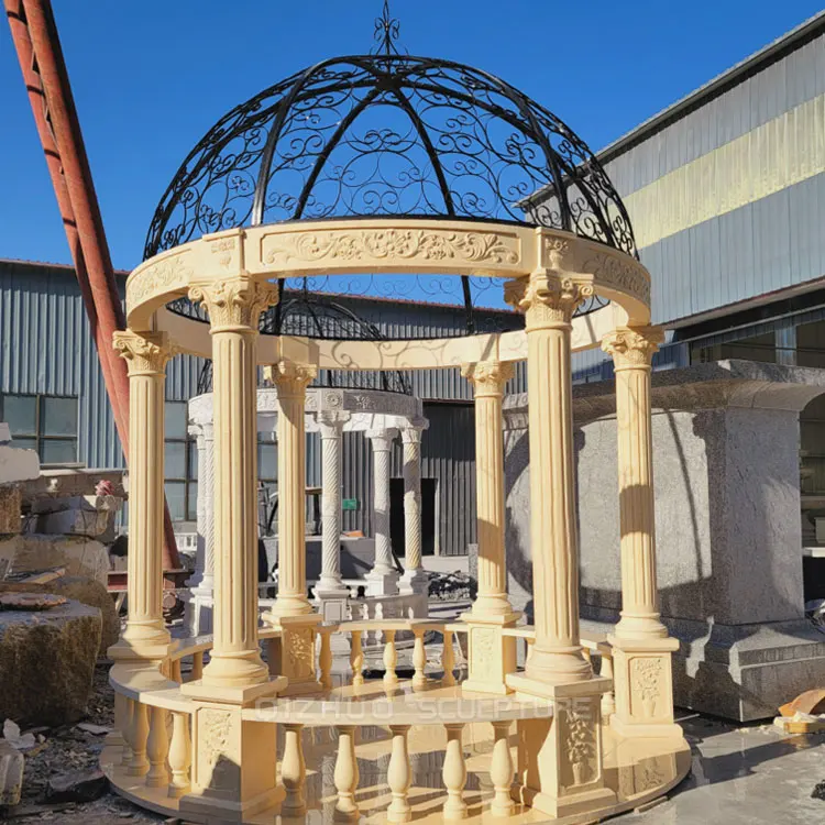 Garden Decor Classic Design Hand Carved Beige Sandstone Roman Column Marble Pavilion Gazebo With Iron Roof