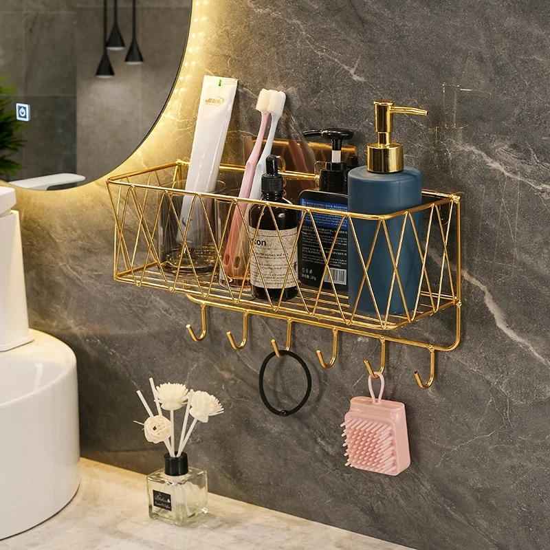 Waterproof Square No Drilling Wall Mounted Metal Bathroom Storage Adhesive Shelf Organizer Multi Functional Storage Rack