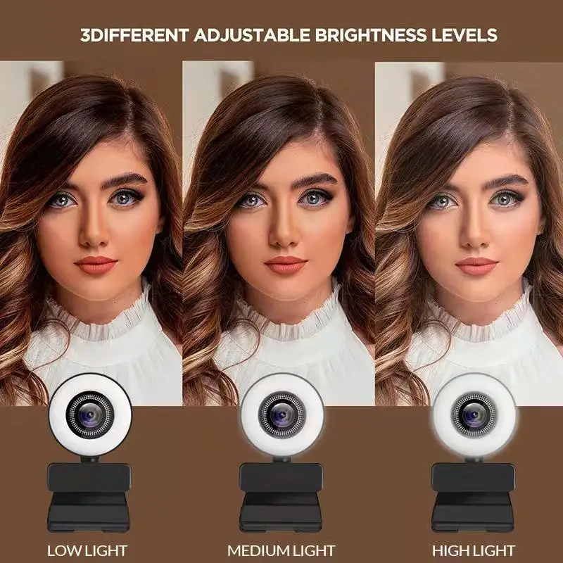  2K 4MP HD Webcam Built in Adjustable Ring Light and Mic Advanced autofocus AF Web