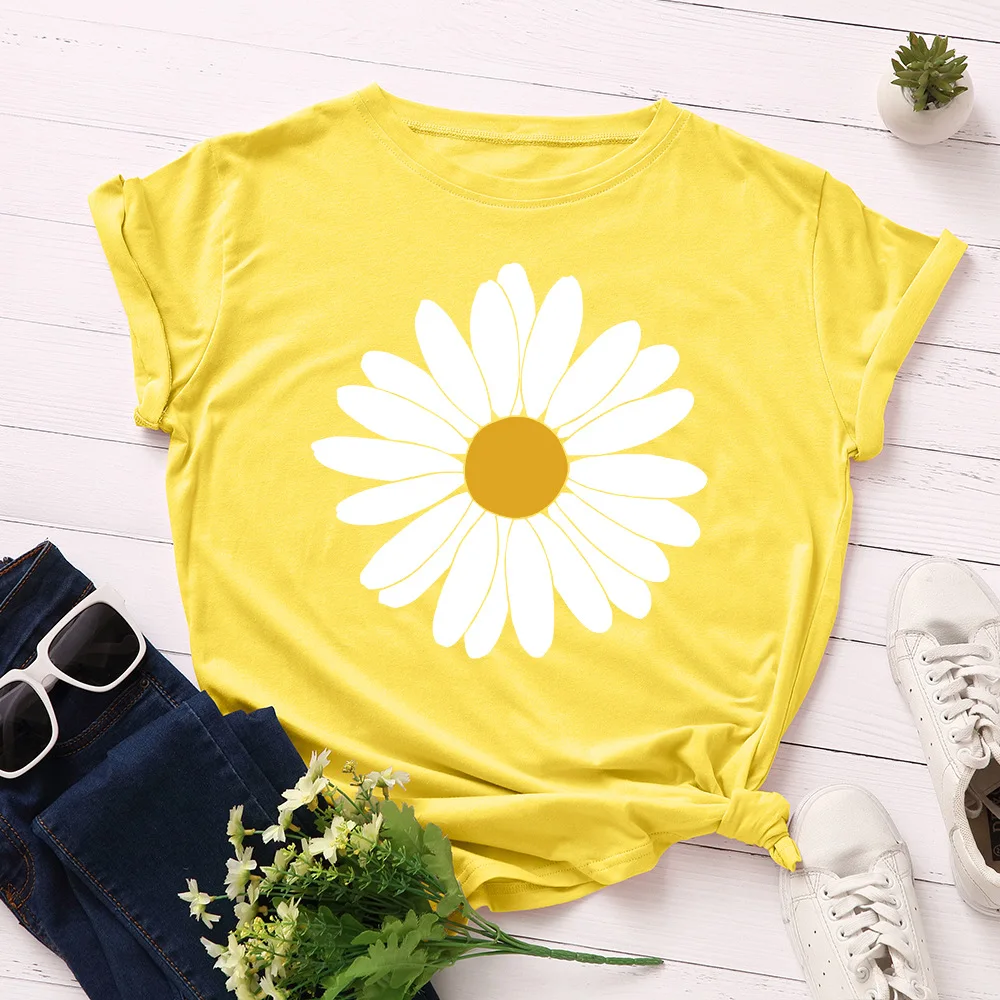 Sunflower Print 2021 New Custom Summer Women T Shirt 100% Cotton High Quality Top