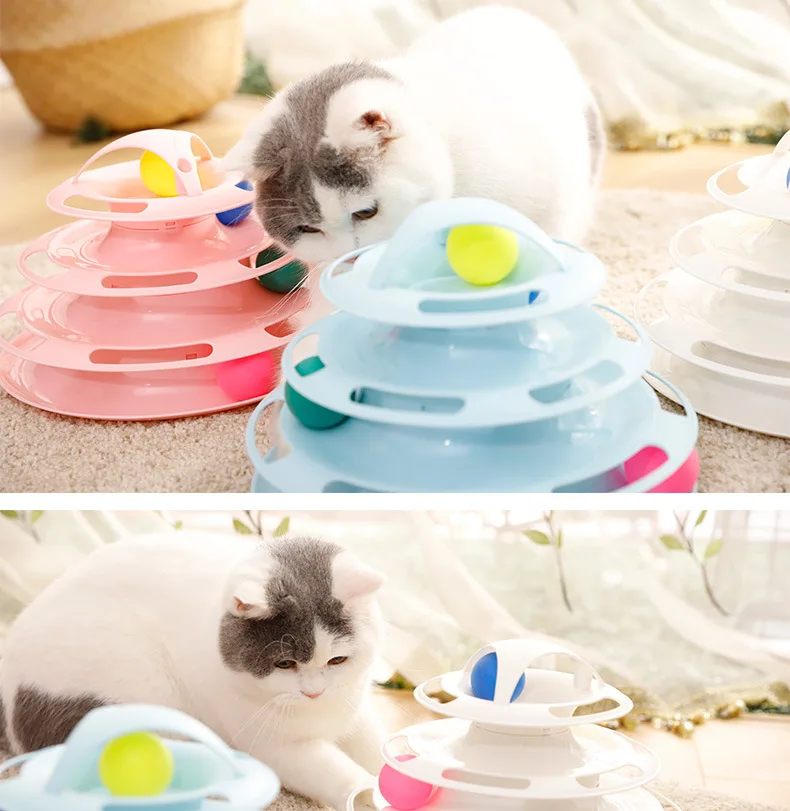 Cat Toy Turntable Roller 4-Level with Colorful Balls Interactive Play Excercise Kitten Fun Toys 2Pieces/Carton