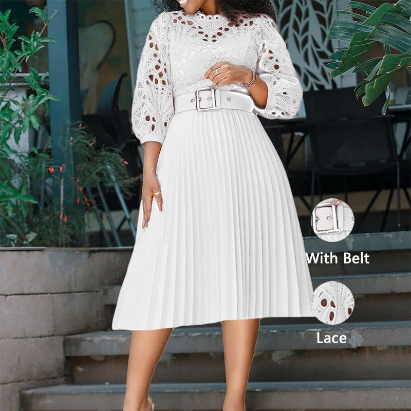 Woman Crochet Lace Party Pleated Fashion Women maxi casual Dress Plus Size Long Sleeve Church Ladies Lady Elegant Dresses