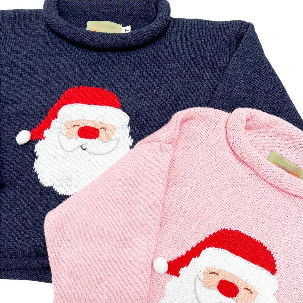 OEM Supplier Custom Kids Gift Christmas Sweater Acrylic Funny Pink Children Baby Girl Santa Head Twilight Rollneck Sweater
