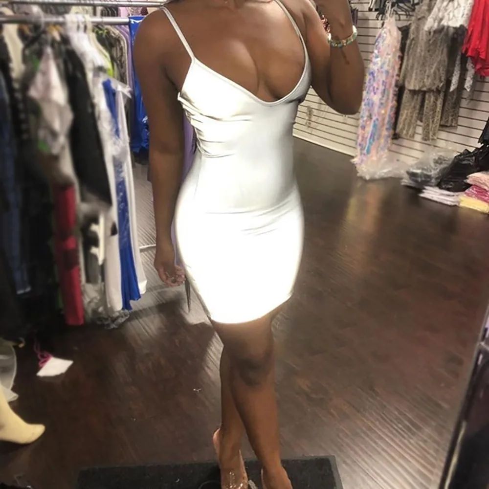 
Summer Fashion Simple Reflective Mini Dress 2019 Spring Basic Strap Shining Club Women Wrap Dresses Y11494 