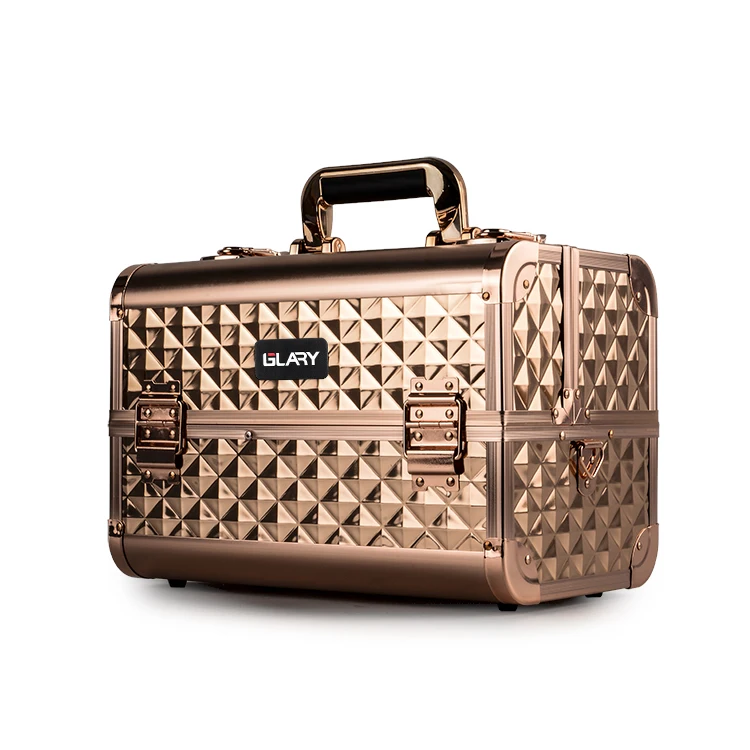 GLARY large capacity makeup case with trays aluminum makeup case box with mirror travel makeup case organizer for cosmetic