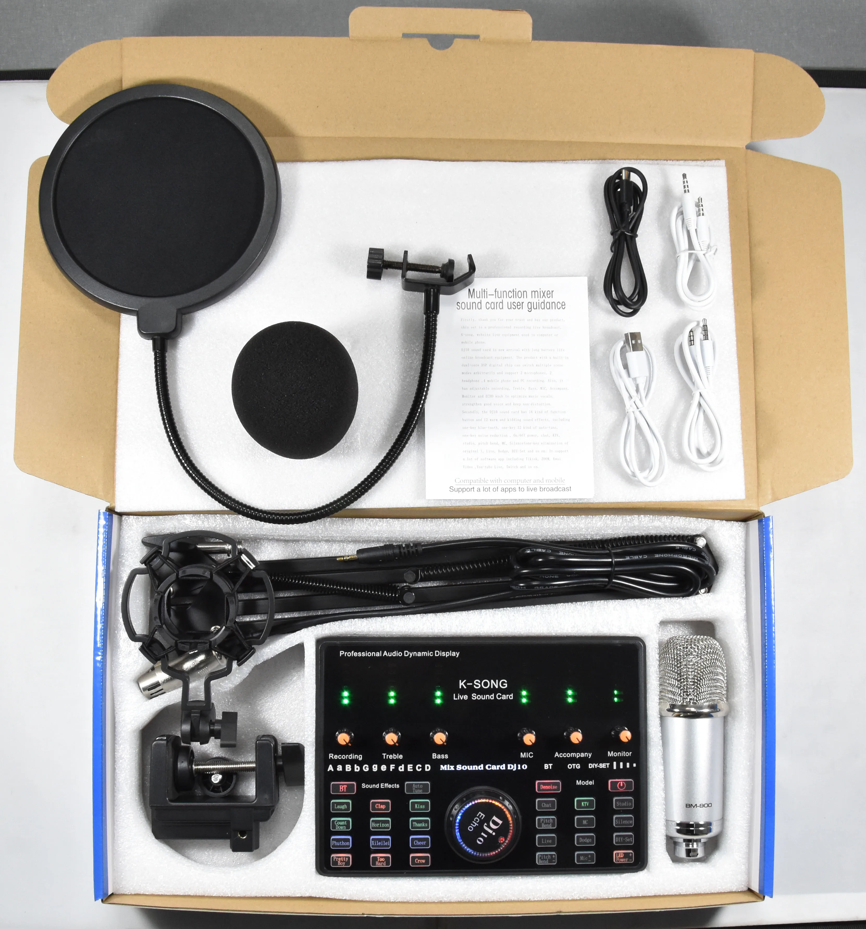 Professional BM800 BM900 Microfono & DJ10 Multi-function Sound Card Set Karaoke Studio Recording Condenser Microphone