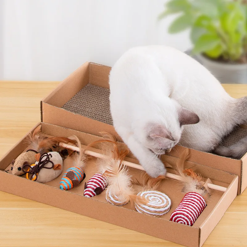 Funny Hottest Selling Sisal Natural Feather Interactive Cat Toy 7 Gift Box Sets Cat Teaser Stick Pet Toys