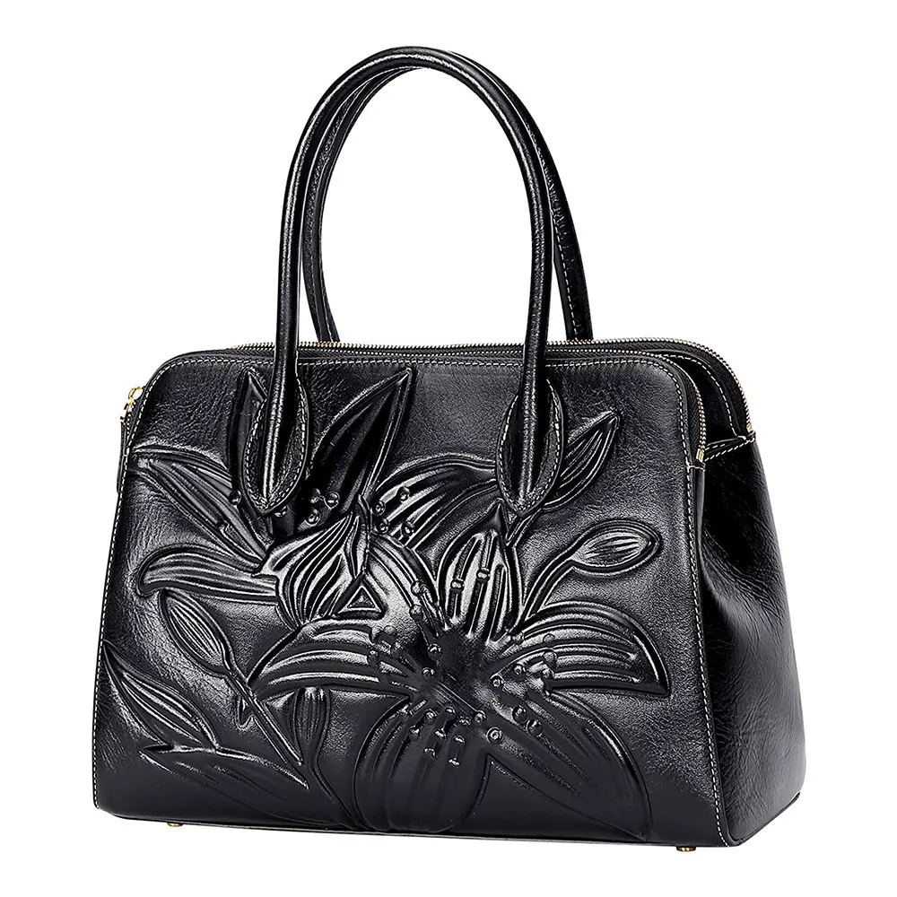 OEM/ODM Black Colored Flower Printed Designer Handbags For Women Top Handle Satchel Bags Leather Handbag