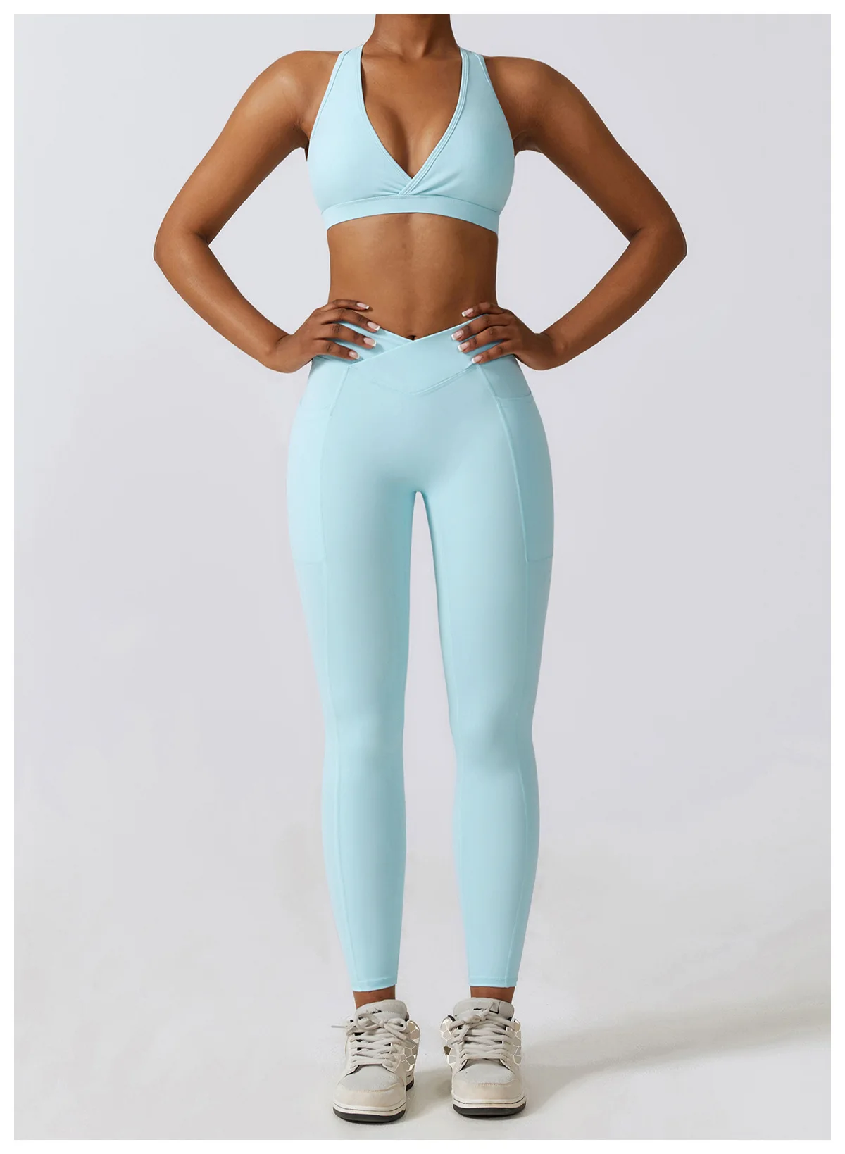 Open Back Hollow Sports Bra Crop Workout High Waist Compression Tights Yoga Pants Leggings with pockets Gym Fitness Set Women