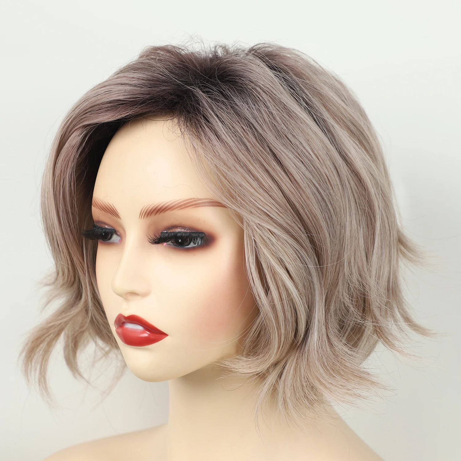 wholesale gray mixed blonde side part natural looking hair wig short wavy synthetic wigs