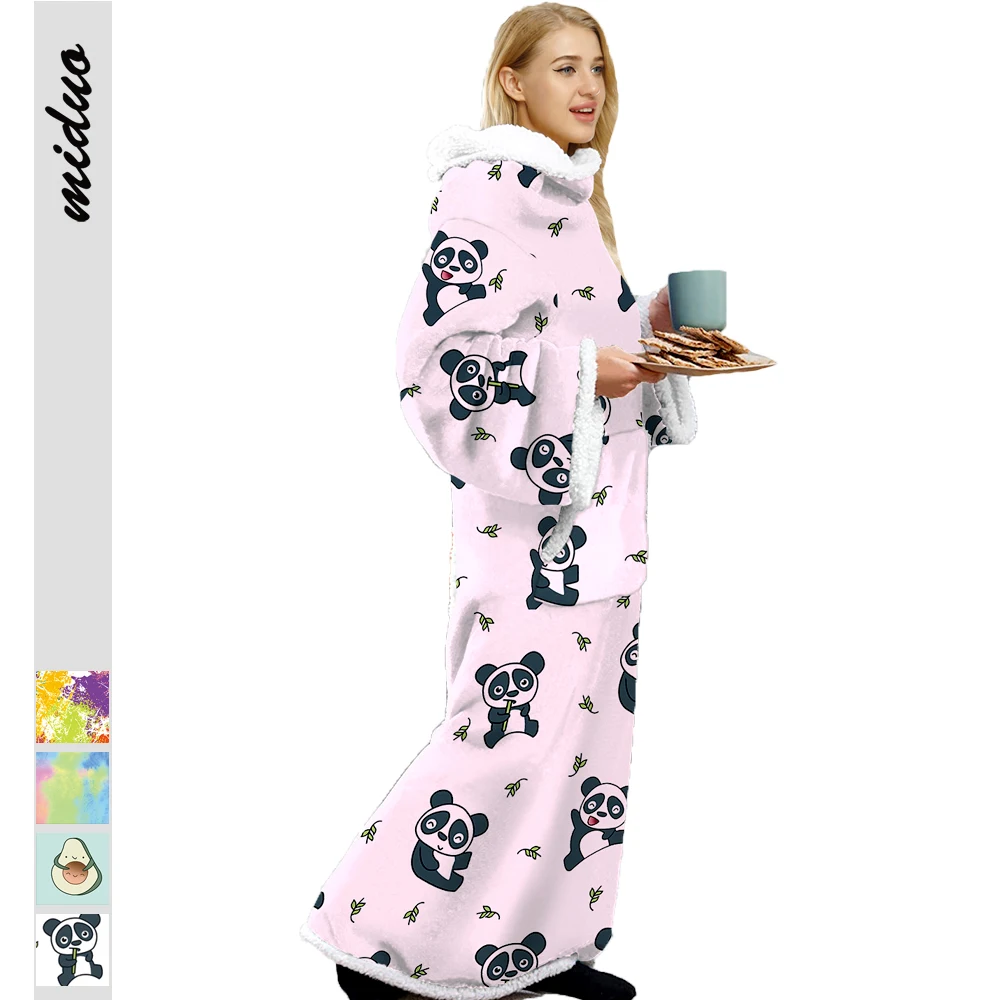 New fashionable unisex extra thick fleece blankets panda long sleeve huge long length wearable blankets pajamas