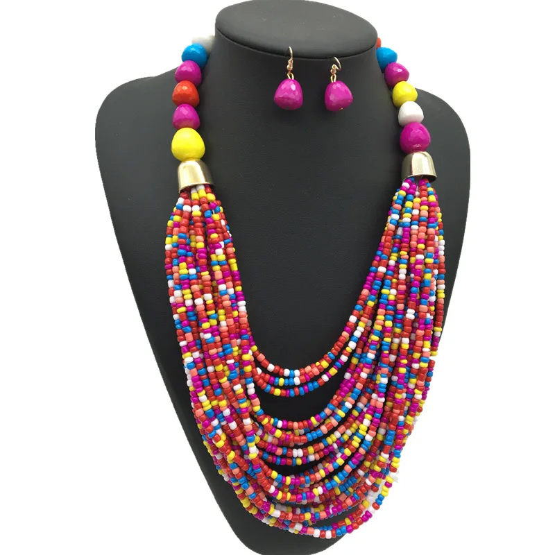 Bohemian Multi-layered Bead Necklace and Earring Jewelry Set Ethnic Style Women Jewelry Set Exaggerated Dubai Jewelry Set