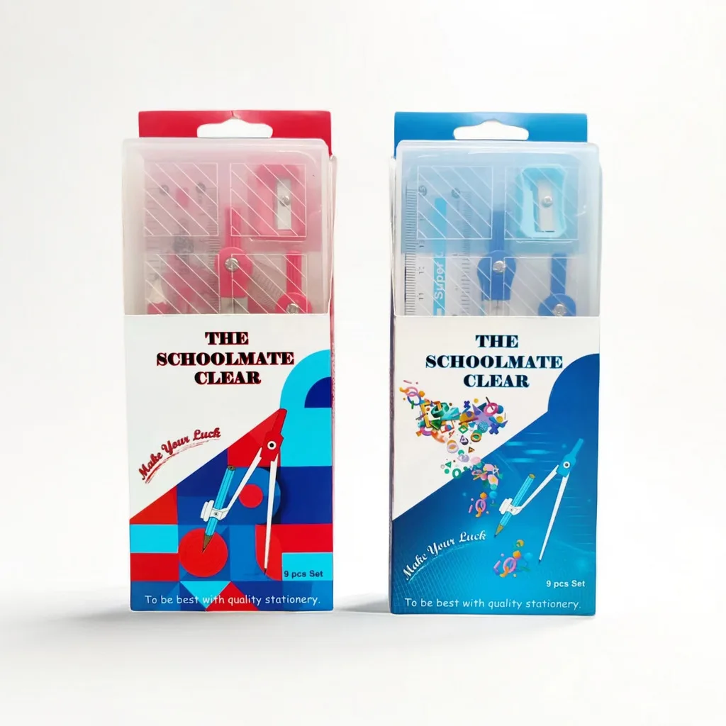 Math Set With Plastic transparent Box 9 Pcs compass divider math set  For girls and boys