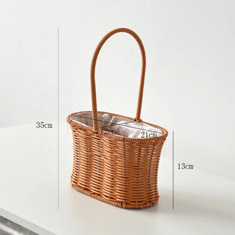 New Rattan Woven Flower Basket Garden Iron Hand-held Flower Basket Woven Rattan Decorative Flower Basket Wholesale