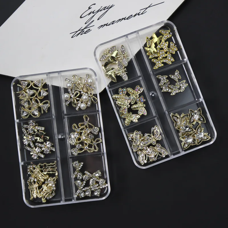 6 Grids mixed bowknot butterfly shapes boxed pearl metal alloy diamond rhinestone crystal stone DIY nail art jewelry set
