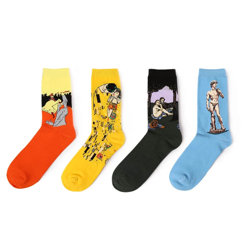 Красочные носки унисекс, мужские хлопковые короткие носки, художественные художники, художественные работы, известная картина маслом, красочные носки