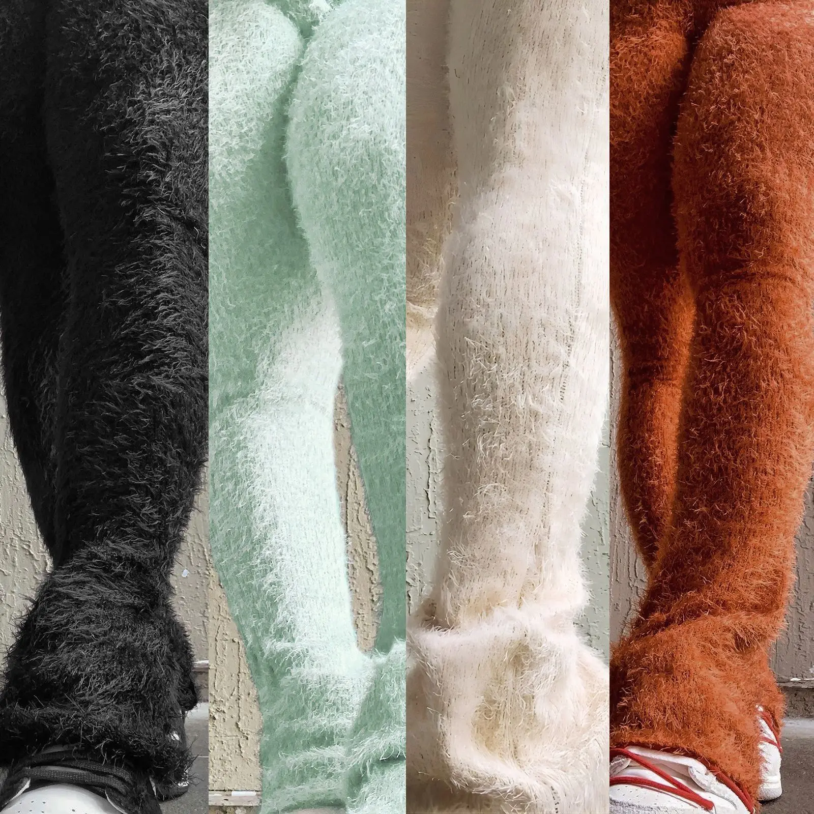 hot selling women solid faux fur long pants fall winter hot skinny pants knitted flared pants trousers